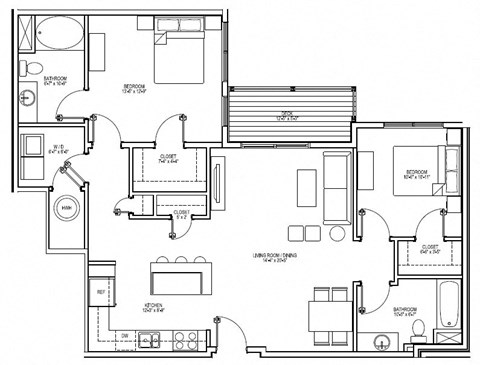 Floor plan for 2 beds, 2 baths, 1152 sqft